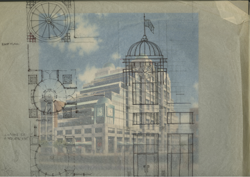 Sketches of Kitchener's clocktower on tracing paper overlaid on the domes of 55 King St W