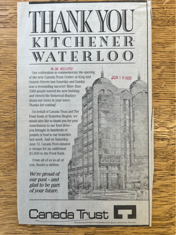 Thank You advertisement from Canada Trust to commemmorate the opening of the building