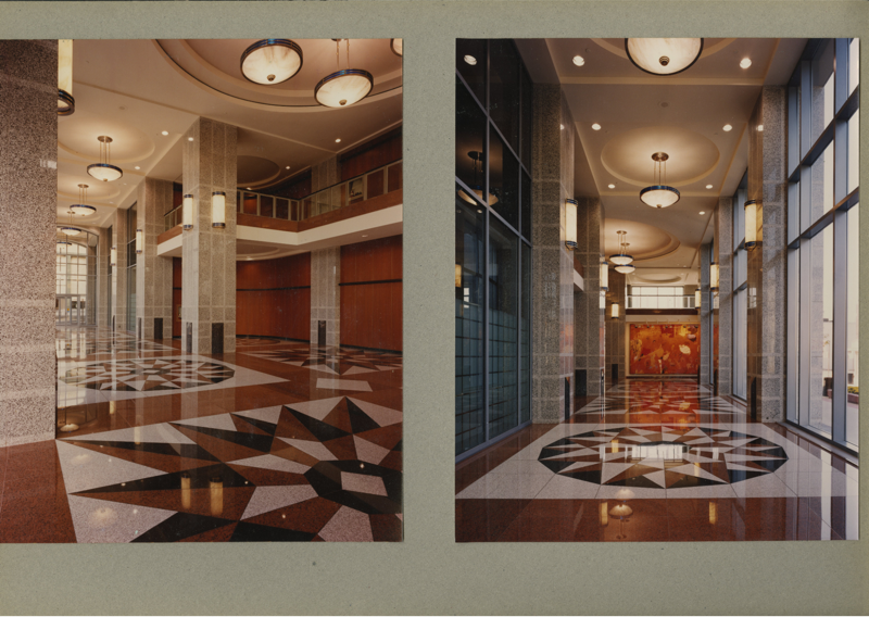 Views of the interior lobby, with glossy tile mosaic floor