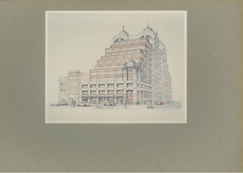 Architectural sketch of the building with window panes highlighted in red