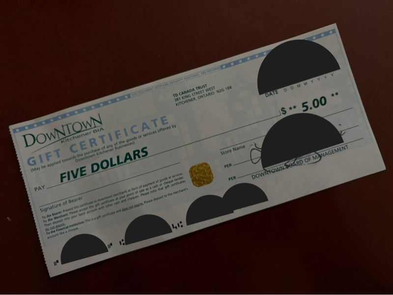 Downtown Dollars Gift Certificate.