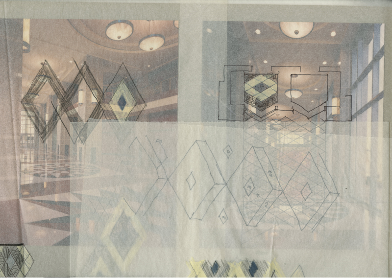 Tracing paper with sketched laid over photos of the building