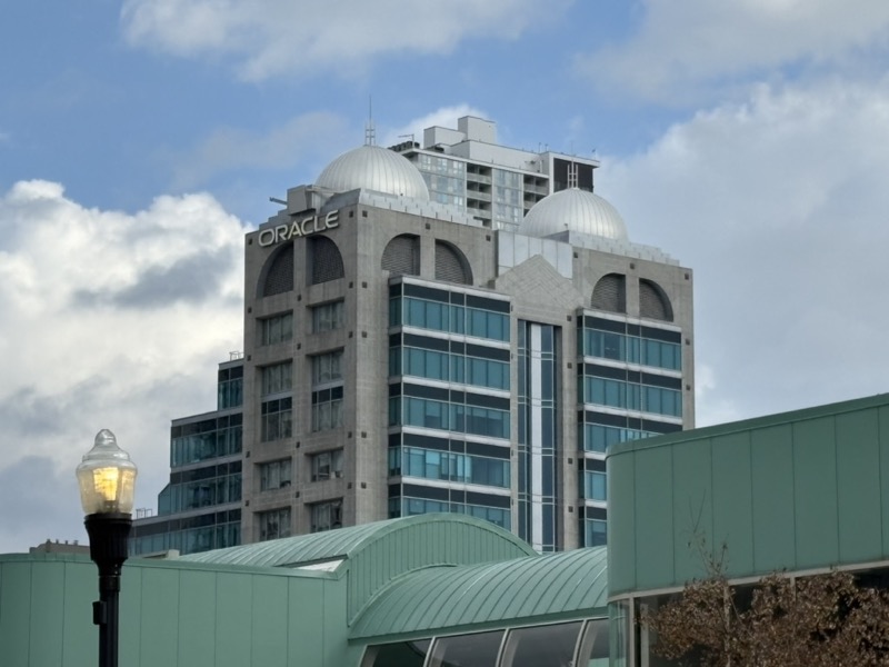 Oracle building overshadowing the shuttered Charles Bus Terminal
